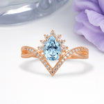 Princess Crown Pear Cut Halo V Shaped Twisted Pave Shank Aquamarine Engagement Ring - Additional view