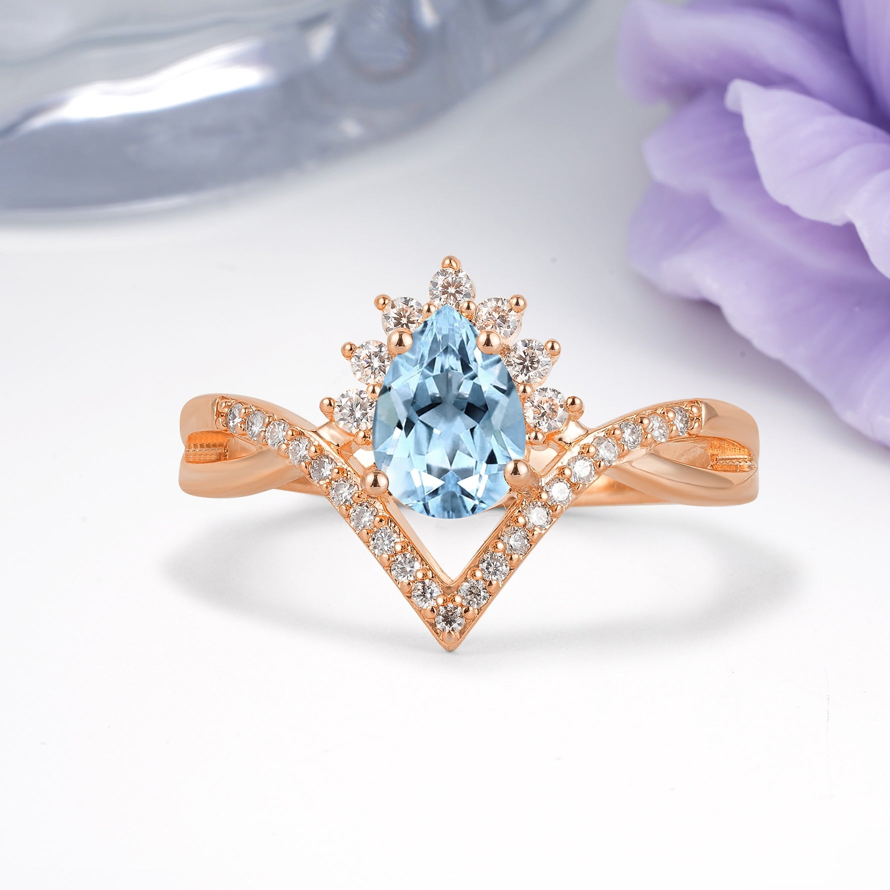 Princess Crown Pear Cut Halo V Shaped Twisted Pave Shank Aquamarine Engagement Ring - Additional view