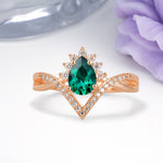 Princess Crown Pear Cut Halo V Shaped Twisted Pave Shank Emerald Engagement Ring - Additional view