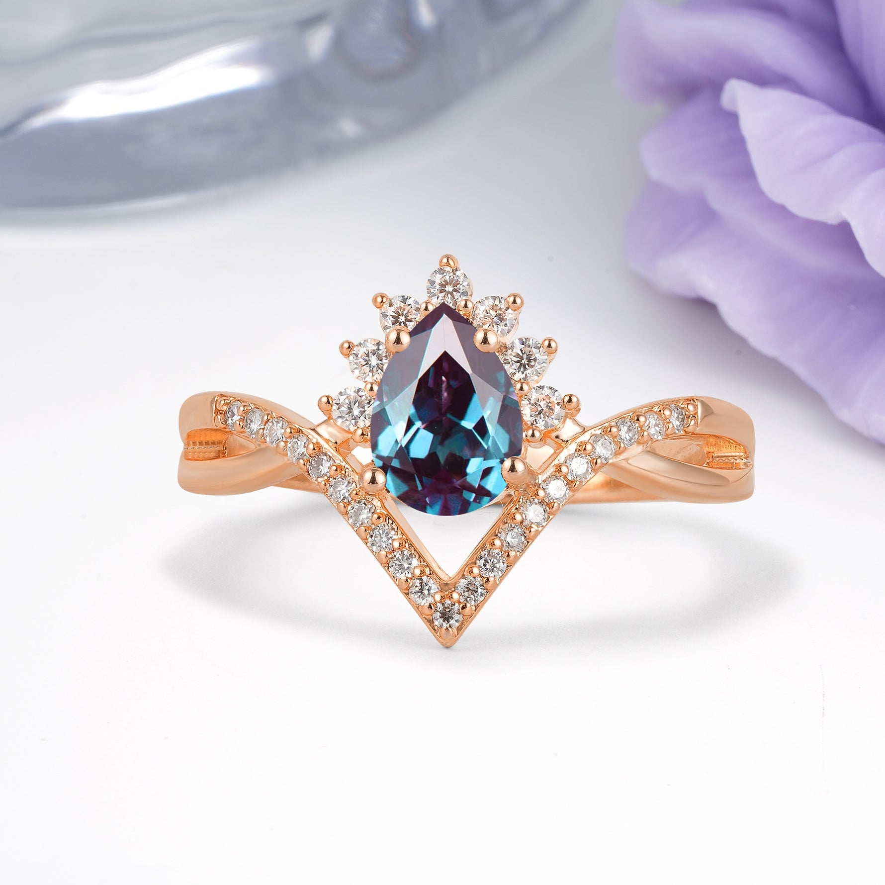 Princess Crown Pear Cut Halo V Shaped Twisted Pave Shank Alexandrite Engagement Ring - Additional view