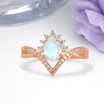 Princess Crown Pear Cut Halo V Shaped Twisted Pave Shank Moonstone Engagement Ring - Additional view