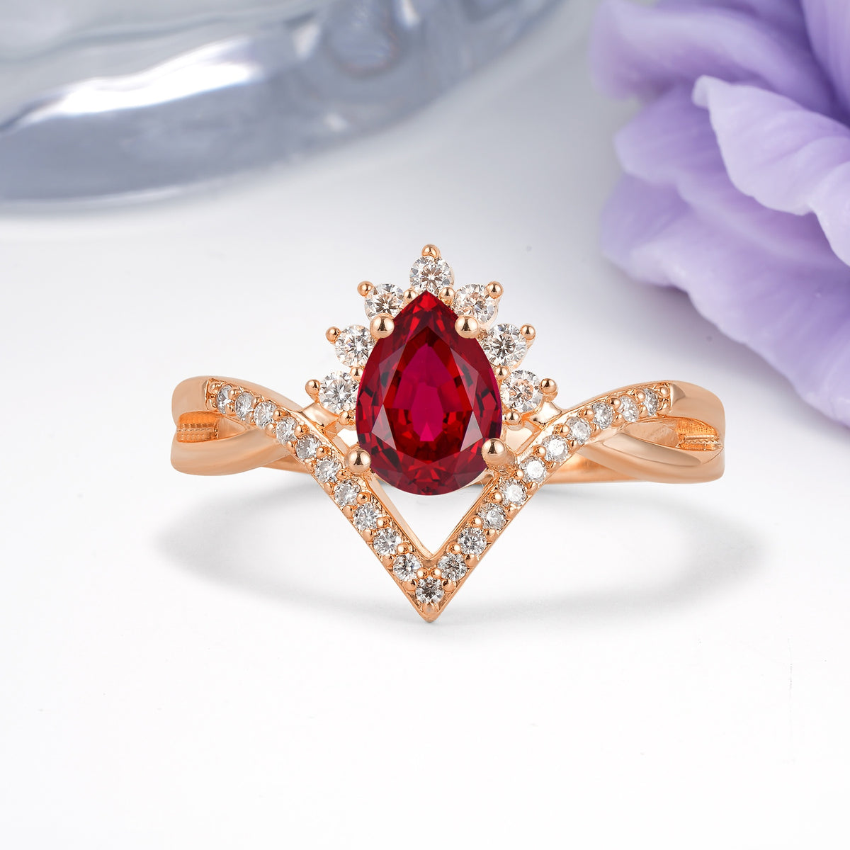 Princess Crown Pear Cut Halo V Shaped Twisted Pave Shank Ruby Engagement Ring - Additional view