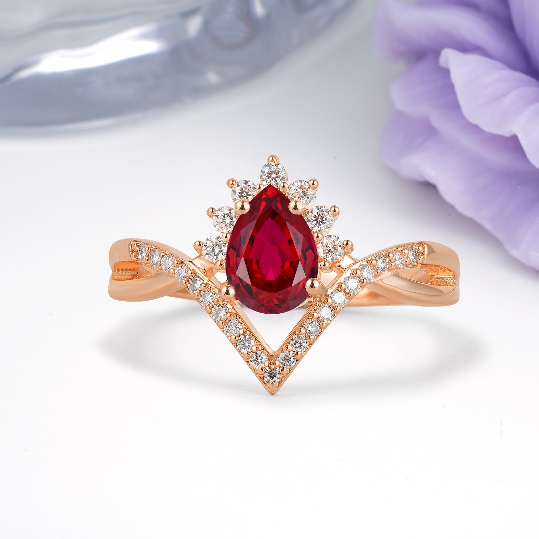Princess Crown Pear Cut Halo V Shaped Twisted Pave Shank Ruby Engagement Ring - Additional view