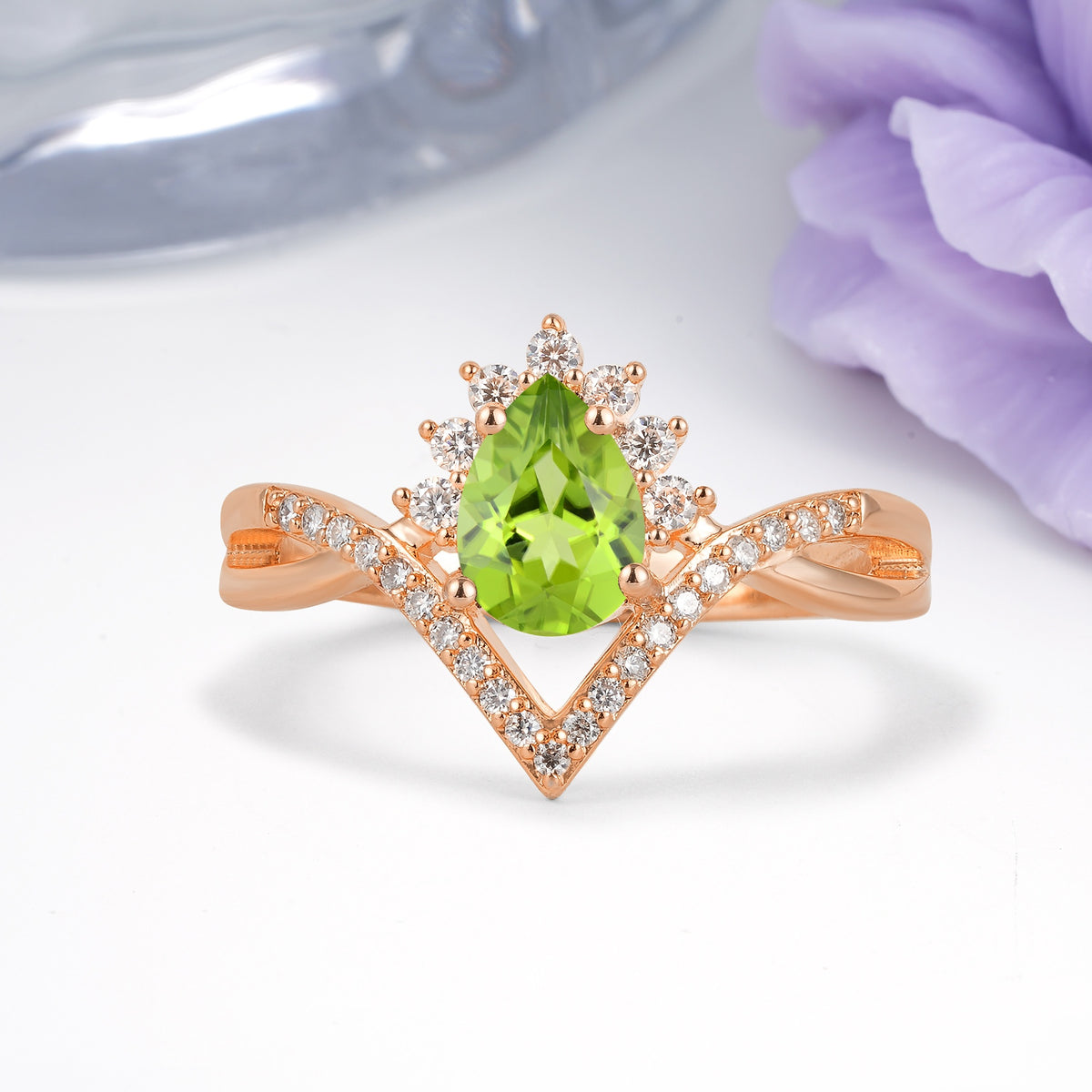 Princess Crown Pear Cut Halo V Shaped Twisted Pave Shank Peridot Engagement Ring - Additional view