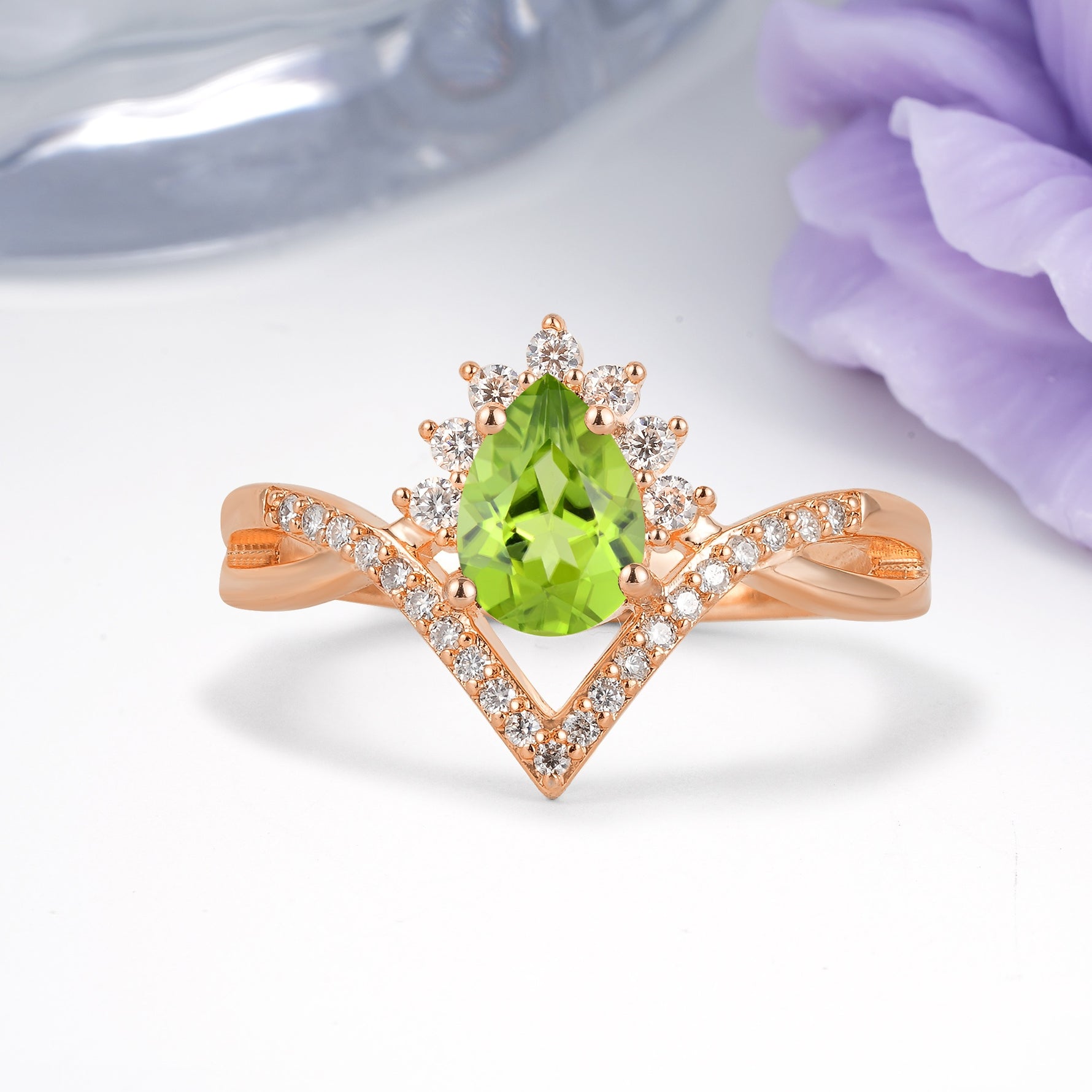 Princess Crown Pear Cut Halo V Shaped Twisted Pave Shank Peridot Engagement Ring - Additional view