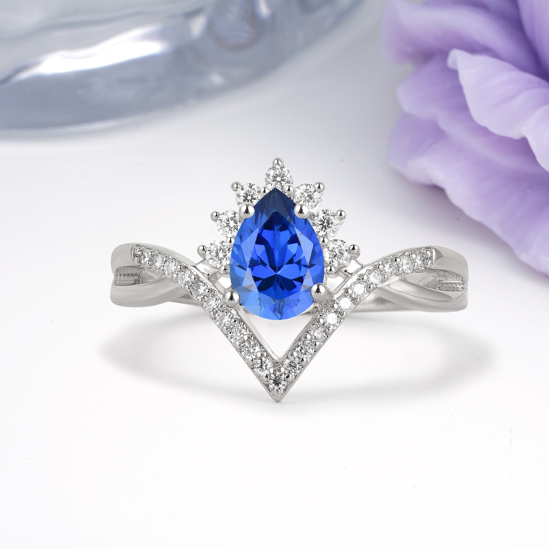 Princess Crown Pear Cut Halo V Shaped Twisted Pave Shank Sapphire Engagement Ring - Additional view