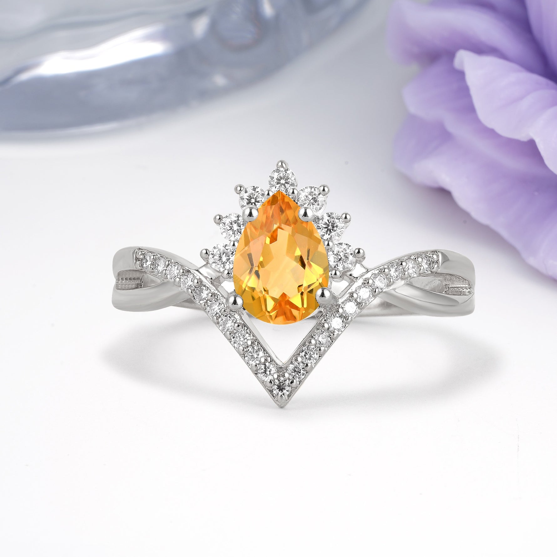 Princess Crown Pear Cut Halo V Shaped Twisted Pave Shank Citrine Engagement Ring - Additional view