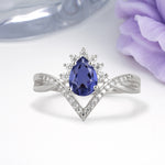 Princess Crown Pear Cut Halo V Shaped Twisted Pave Shank Tanzanite Engagement Ring - Additional view