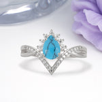 Princess Crown Pear Cut Halo V Shaped Twisted Pave Shank Turquoise Engagement Ring - Additional view