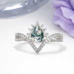 Princess Crown Pear Cut Halo V Shaped Twisted Pave Shank Moss Agate Engagement Ring - Additional view