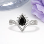 Princess Crown Pear Cut Halo V Shaped Twisted Pave Shank Black Onyx Engagement Ring - Additional view