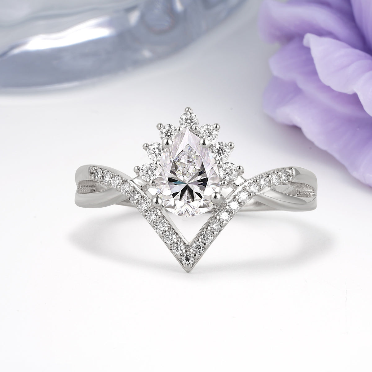 Princess Crown Pear Cut Halo V Shaped Twisted Pave Shank Lab Diamond Engagement Ring - Additional view