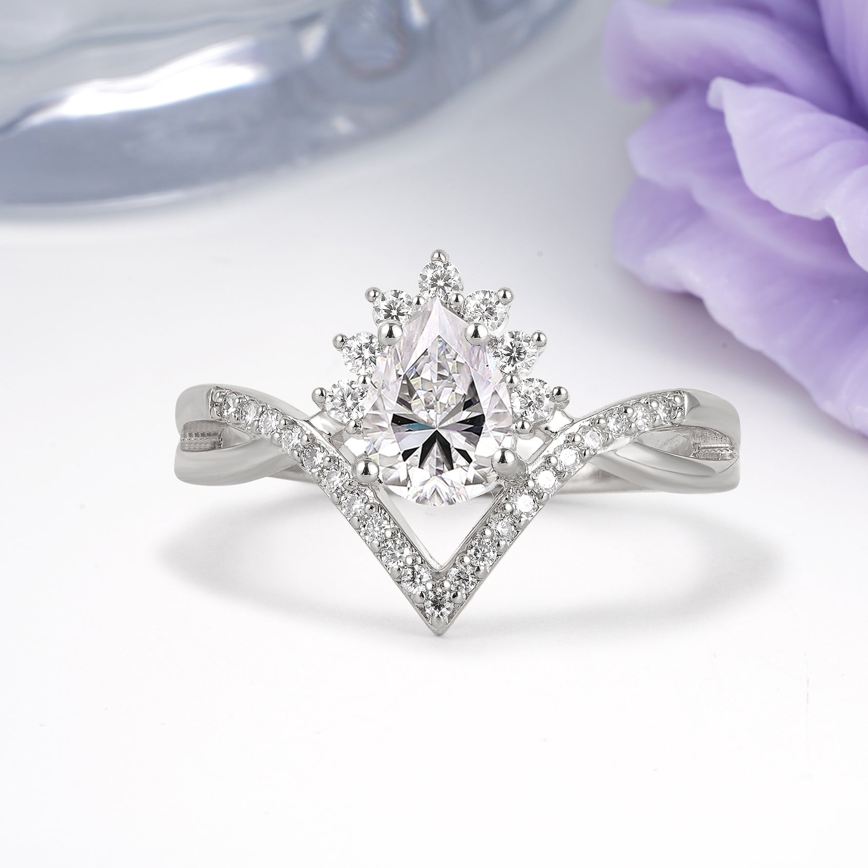 Princess Crown Pear Cut Halo V Shaped Twisted Pave Shank Lab Diamond Engagement Ring - Additional view