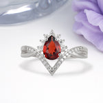 Princess Crown Pear Cut Halo V Shaped Twisted Pave Shank Garnet Engagement Ring - Additional view