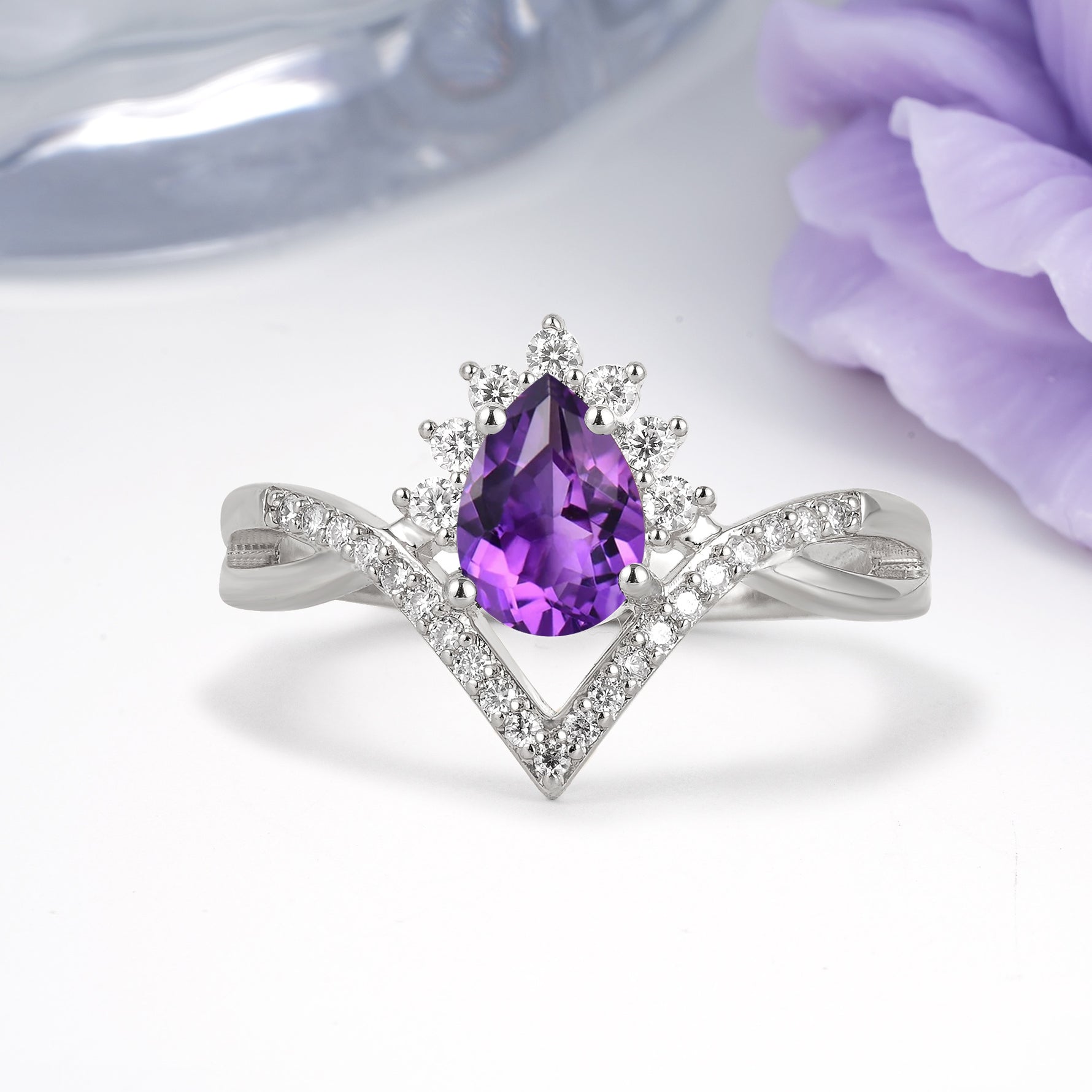 Princess Crown Pear Cut Halo V Shaped Twisted Pave Shank Amethyst Engagement Ring - Additional view