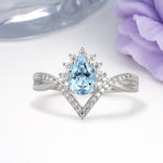 Princess Crown Pear Cut Halo V Shaped Twisted Pave Shank Aquamarine Engagement Ring - Additional view