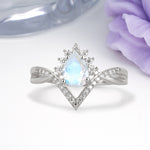 Princess Crown Pear Cut Halo V Shaped Twisted Pave Shank Moonstone Engagement Ring - Additional view
