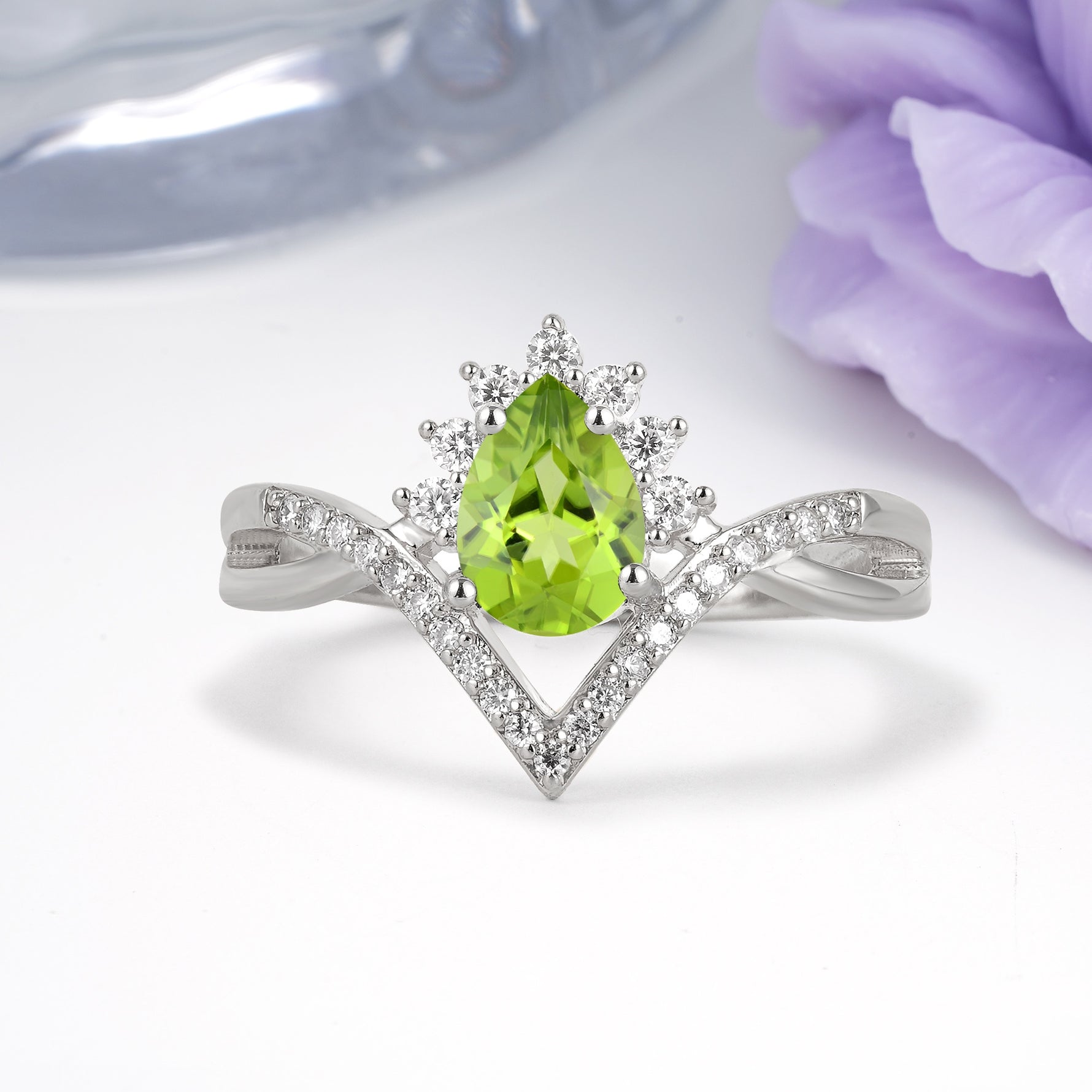 Princess Crown Pear Cut Halo V Shaped Twisted Pave Shank Peridot Engagement Ring - Additional view