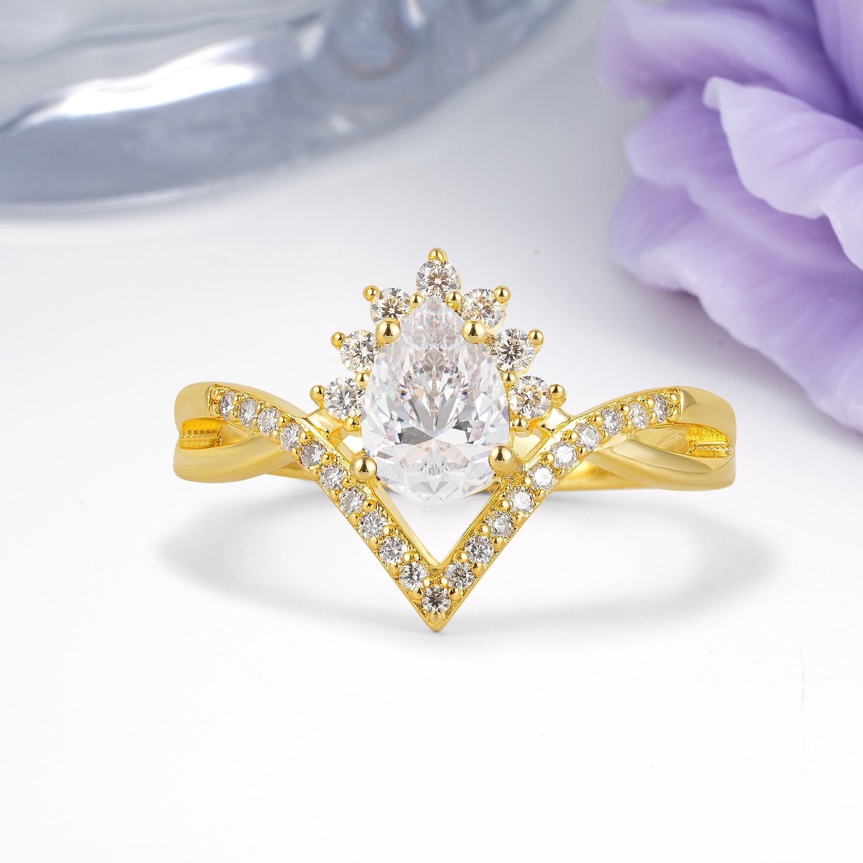 Princess Crown Pear Cut Halo V Shaped Twisted Pave Shank Moissanite Engagement Ring - Additional view