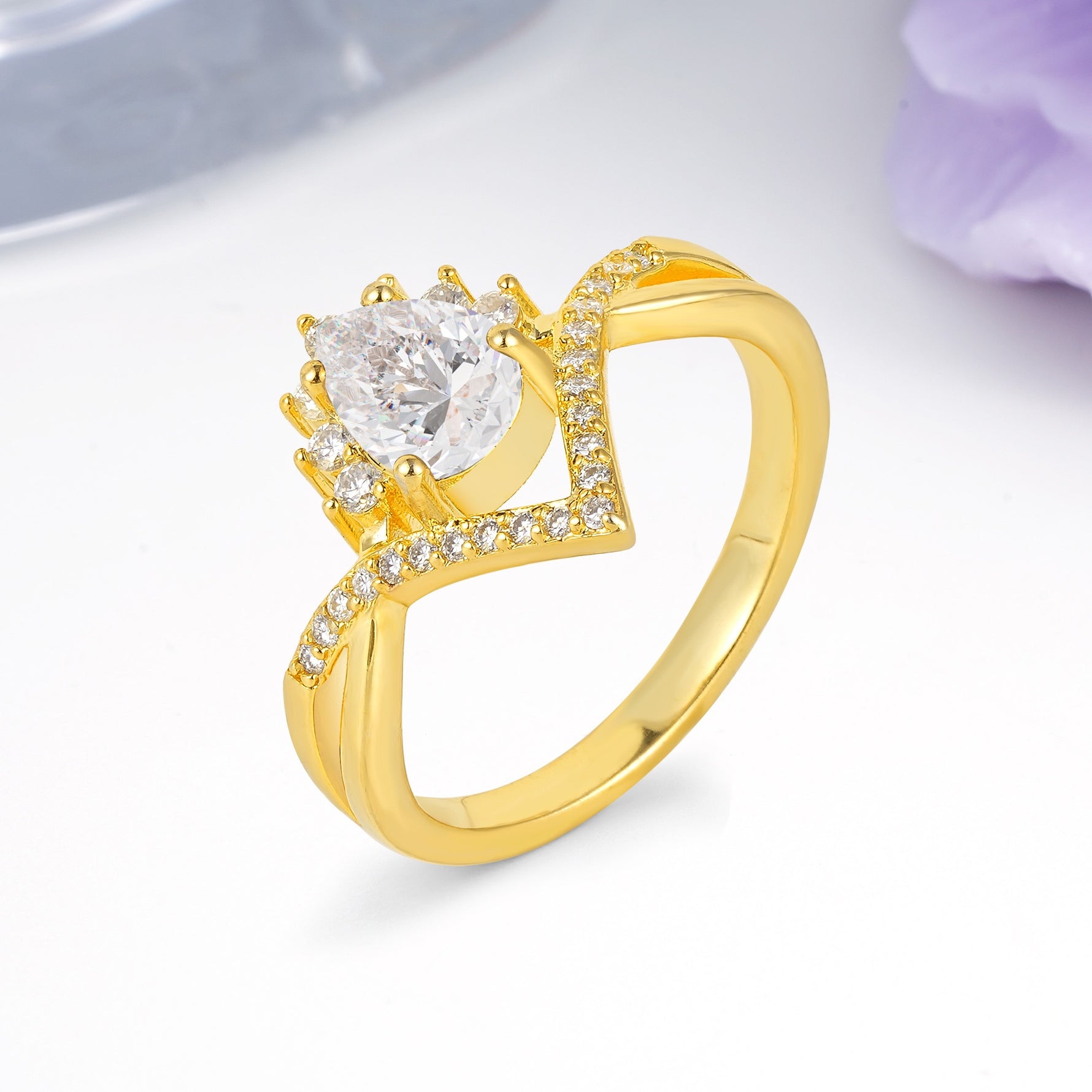 Princess Crown Pear Cut Halo V Shaped Twisted Pave Shank Moissanite Engagement Ring - Additional view