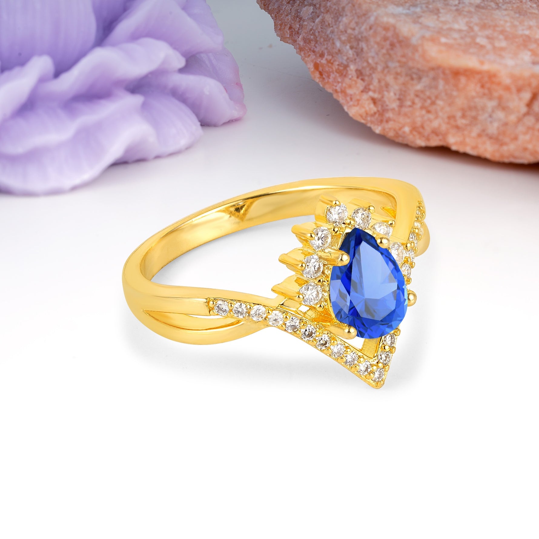Princess Crown Pear Cut Halo V Shaped Twisted Pave Shank Sapphire Engagement Ring - Additional view