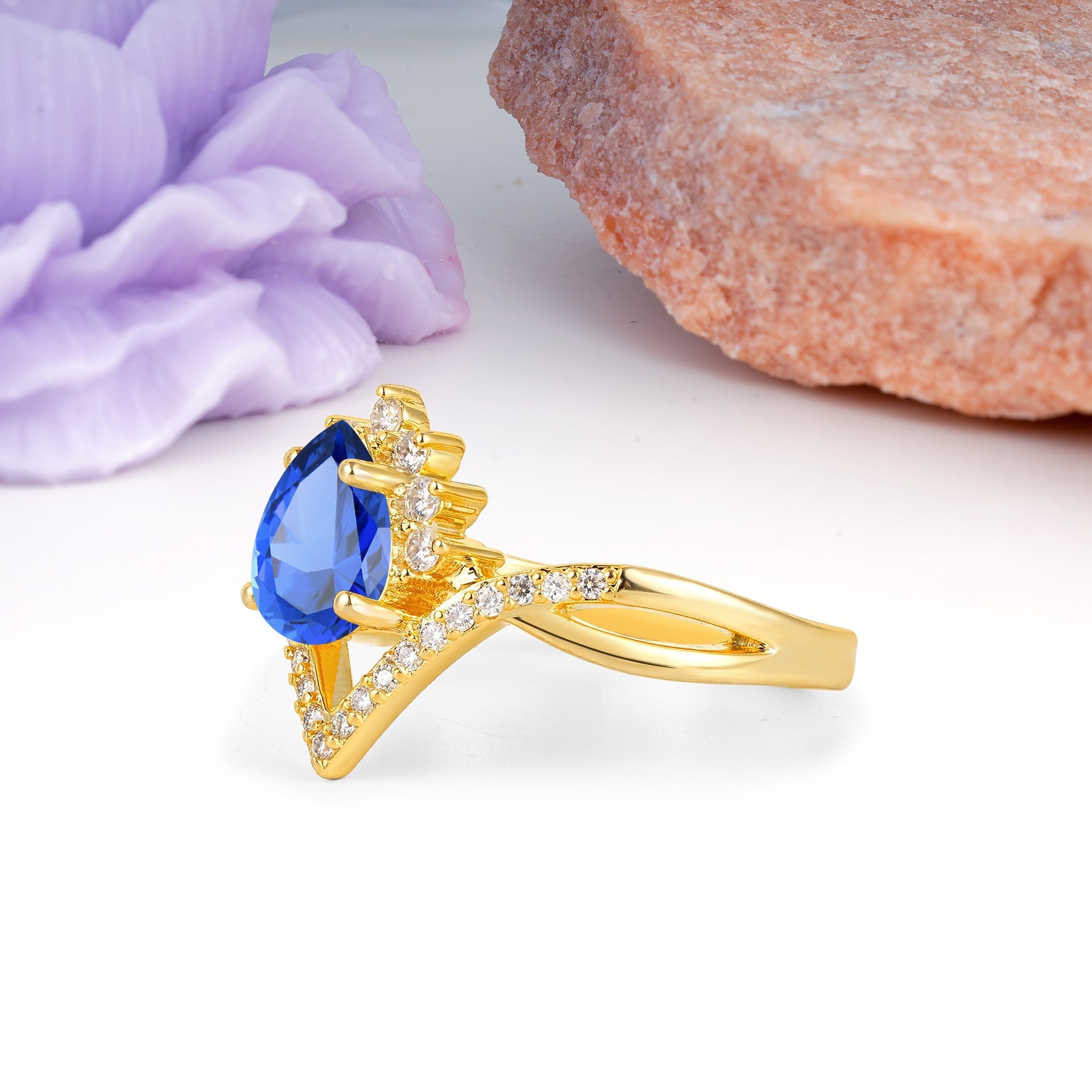 Princess Crown Pear Cut Halo V Shaped Twisted Pave Shank Sapphire Engagement Ring - Additional view