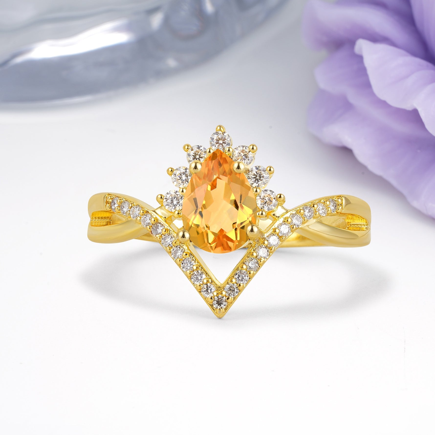 Princess Crown Pear Cut Halo V Shaped Twisted Pave Shank Citrine Engagement Ring - Additional view