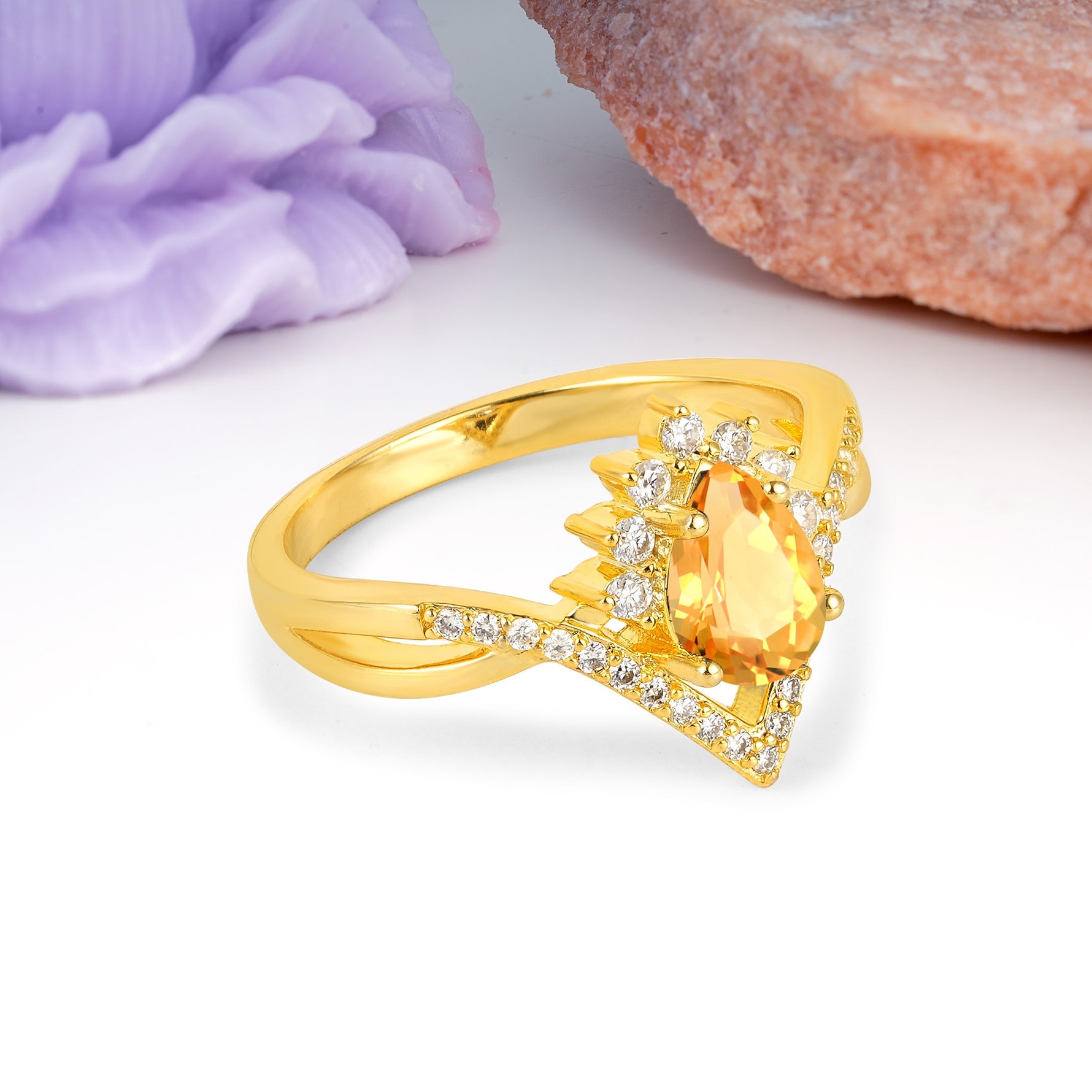 Princess Crown Pear Cut Halo V Shaped Twisted Pave Shank Citrine Engagement Ring - Additional view