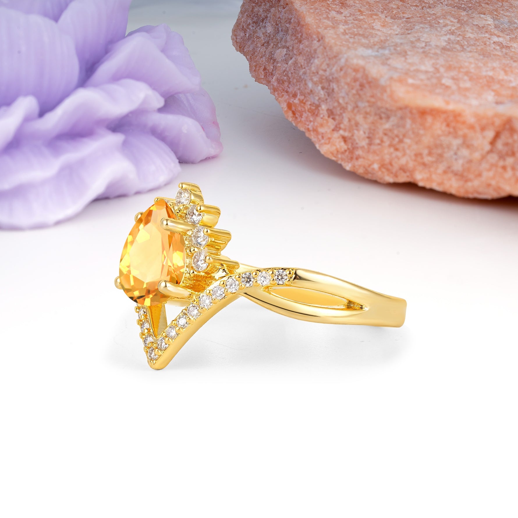 Princess Crown Pear Cut Halo V Shaped Twisted Pave Shank Citrine Engagement Ring - Additional view
