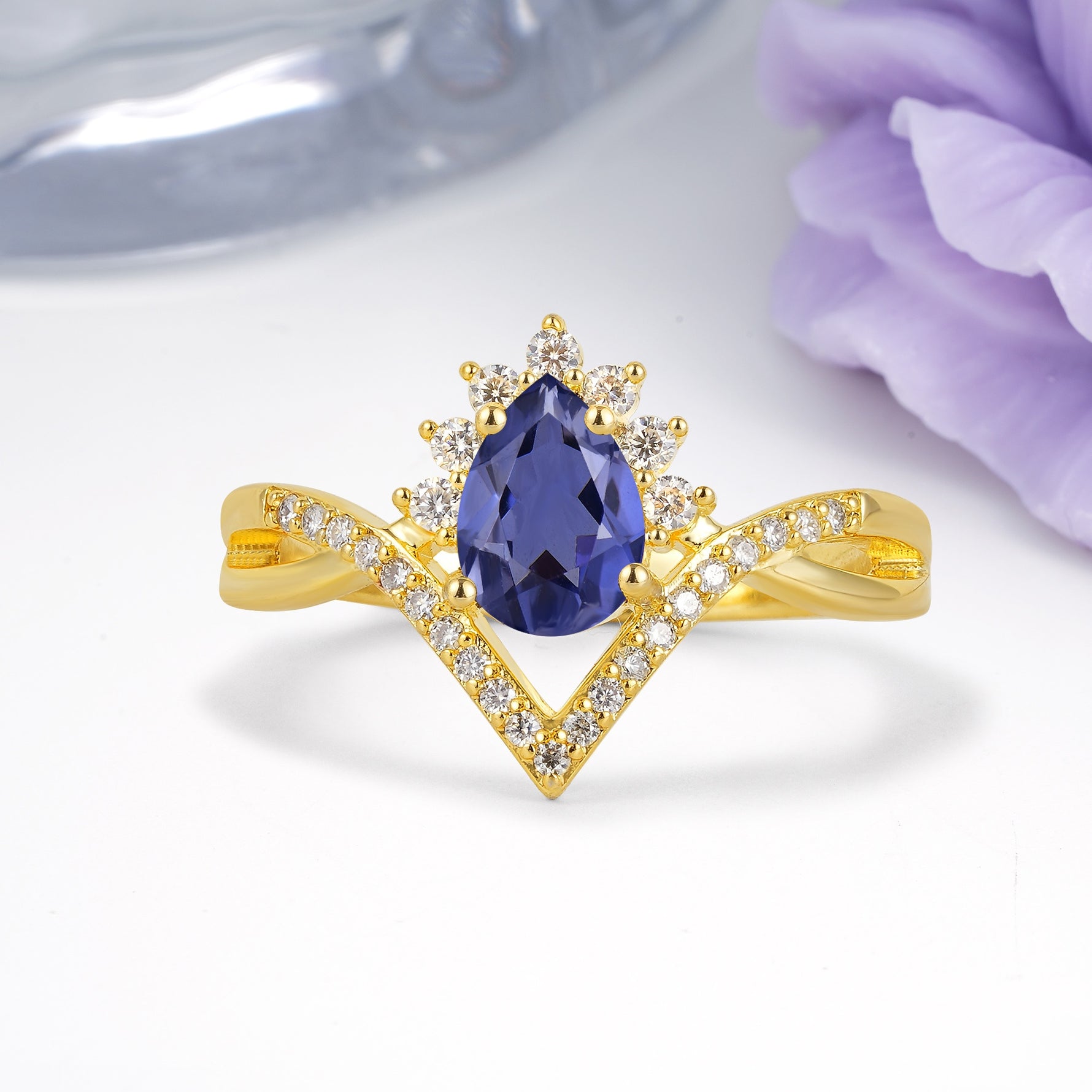 Princess Crown Pear Cut Halo V Shaped Twisted Pave Shank Tanzanite Engagement Ring - Additional view