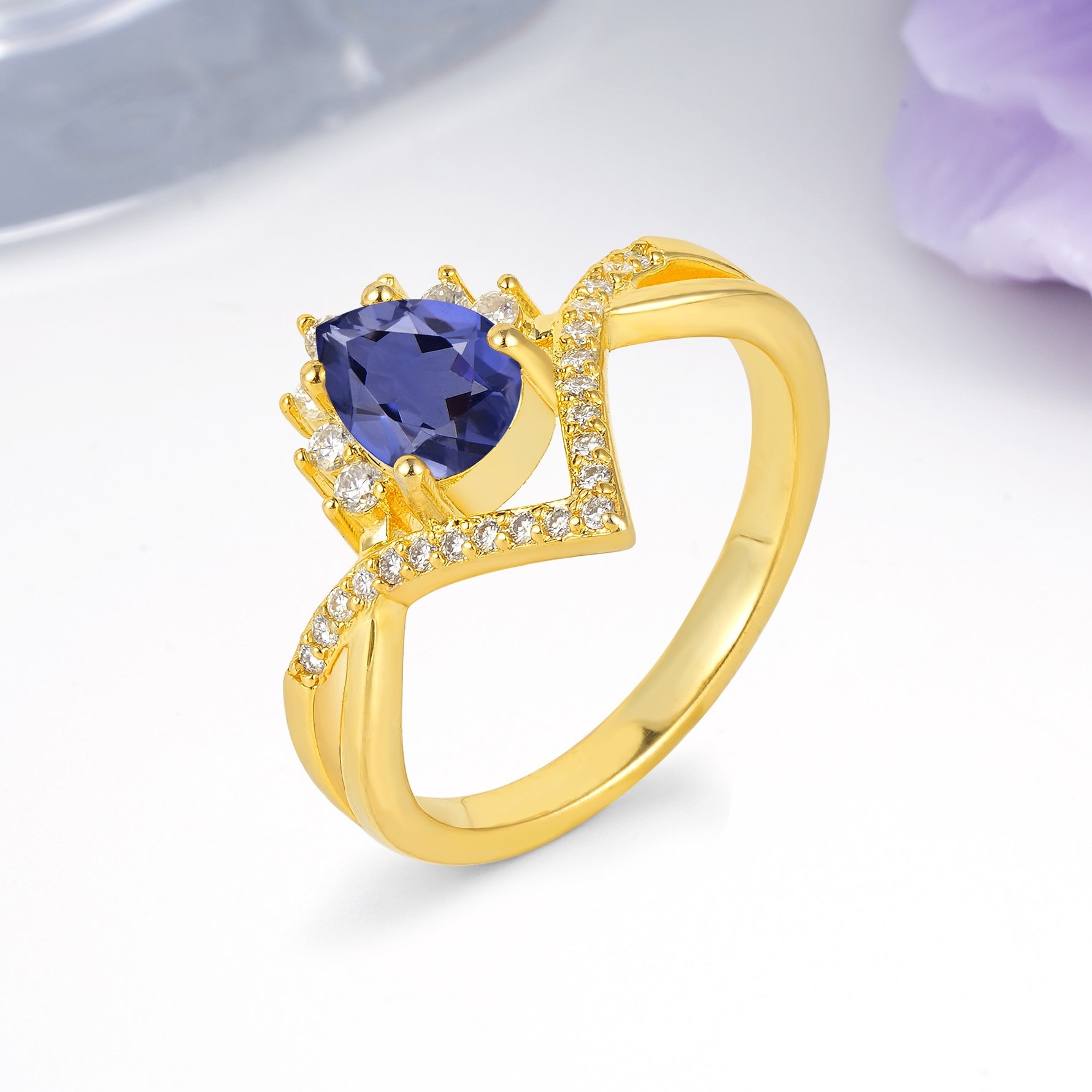 Princess Crown Pear Cut Halo V Shaped Twisted Pave Shank Tanzanite Engagement Ring - Additional view