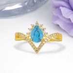 Princess Crown Pear Cut Halo V Shaped Twisted Pave Shank Turquoise Engagement Ring - Additional view