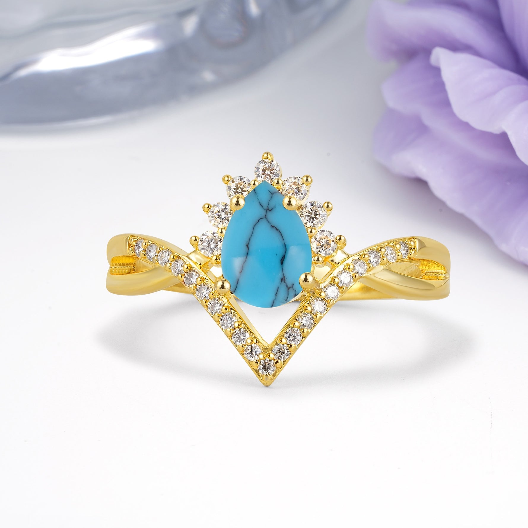 Princess Crown Pear Cut Halo V Shaped Twisted Pave Shank Turquoise Engagement Ring - Additional view