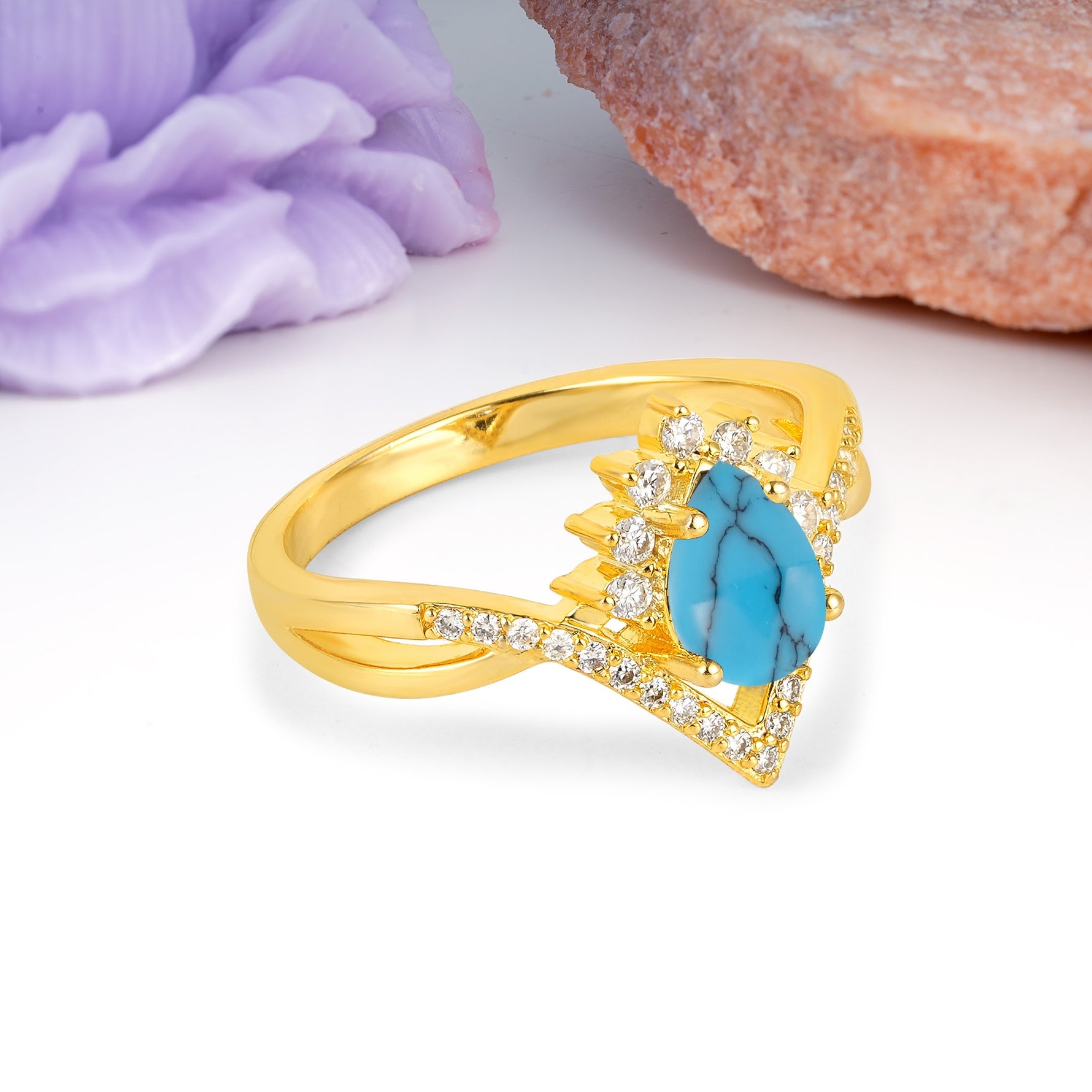 Princess Crown Pear Cut Halo V Shaped Twisted Pave Shank Turquoise Engagement Ring - Additional view
