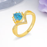 Princess Crown Pear Cut Halo V Shaped Twisted Pave Shank Turquoise Engagement Ring - Additional view