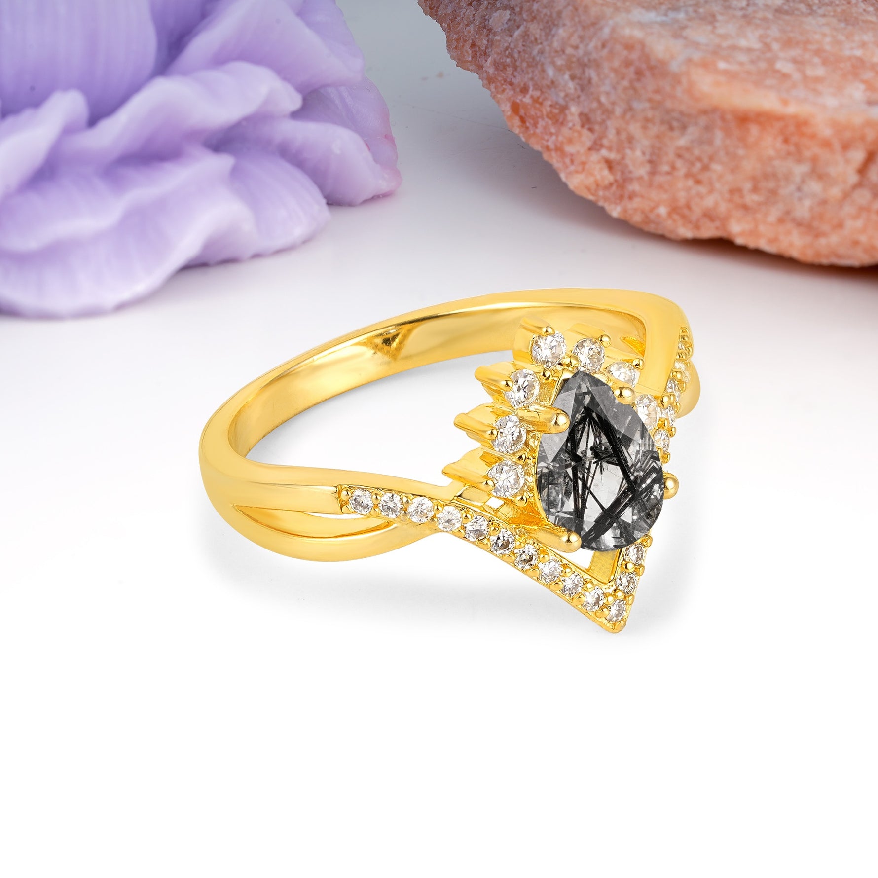 Princess Crown Pear Cut Halo V Shaped Twisted Pave Shank Black Rutilated Quartz Engagement Ring - Additional view
