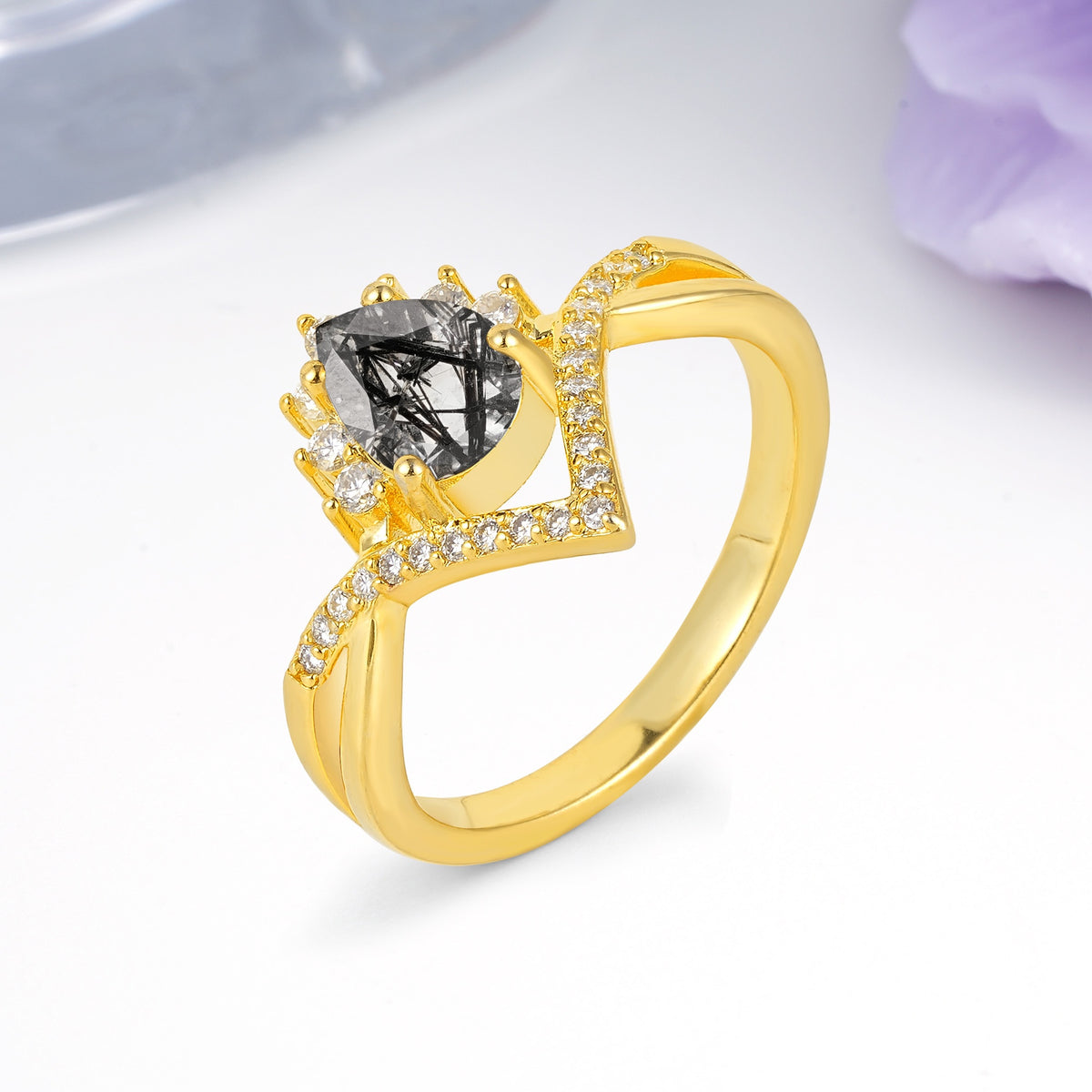 Princess Crown Pear Cut Halo V Shaped Twisted Pave Shank Black Rutilated Quartz Engagement Ring - Additional view