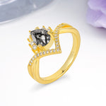 Princess Crown Pear Cut Halo V Shaped Twisted Pave Shank Black Rutilated Quartz Engagement Ring - Additional view