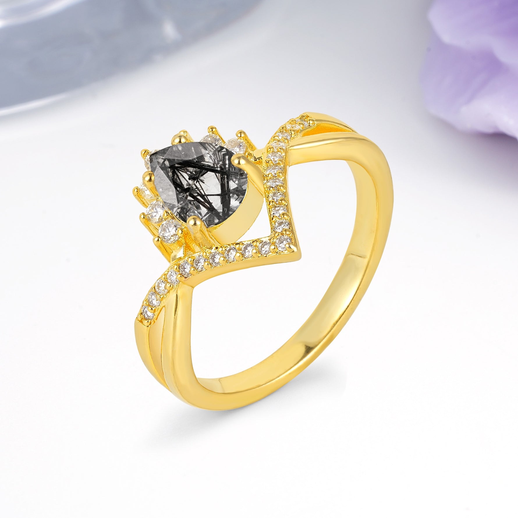 Princess Crown Pear Cut Halo V Shaped Twisted Pave Shank Black Rutilated Quartz Engagement Ring - Additional view