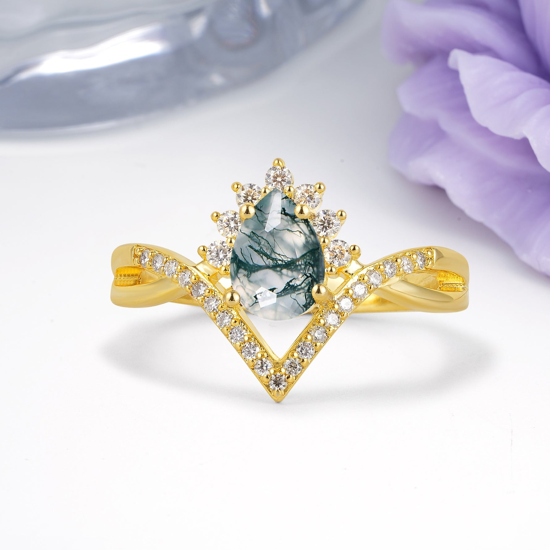Princess Crown Pear Cut Halo V Shaped Twisted Pave Shank Moss Agate Engagement Ring - Additional view
