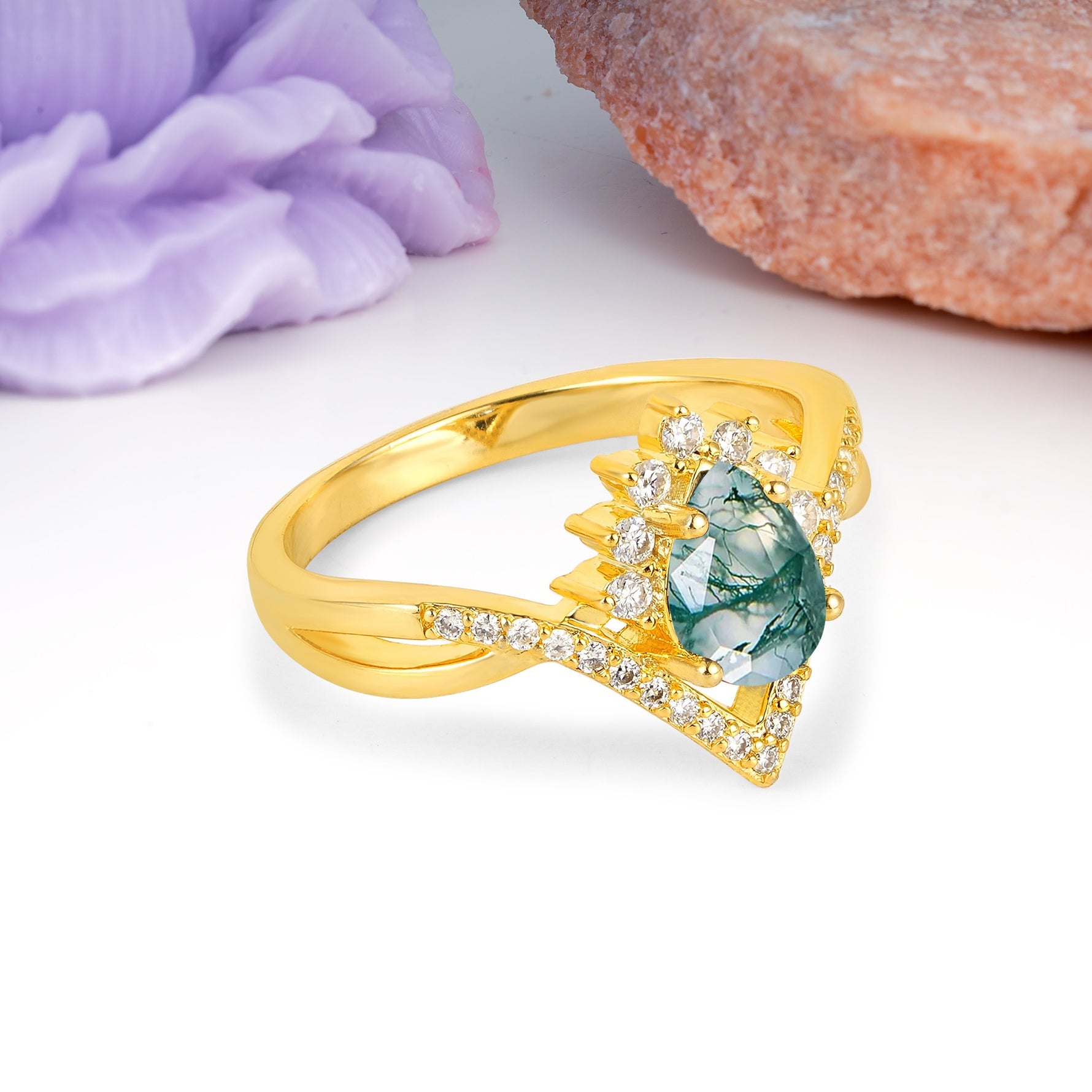 Princess Crown Pear Cut Halo V Shaped Twisted Pave Shank Moss Agate Engagement Ring - Additional view