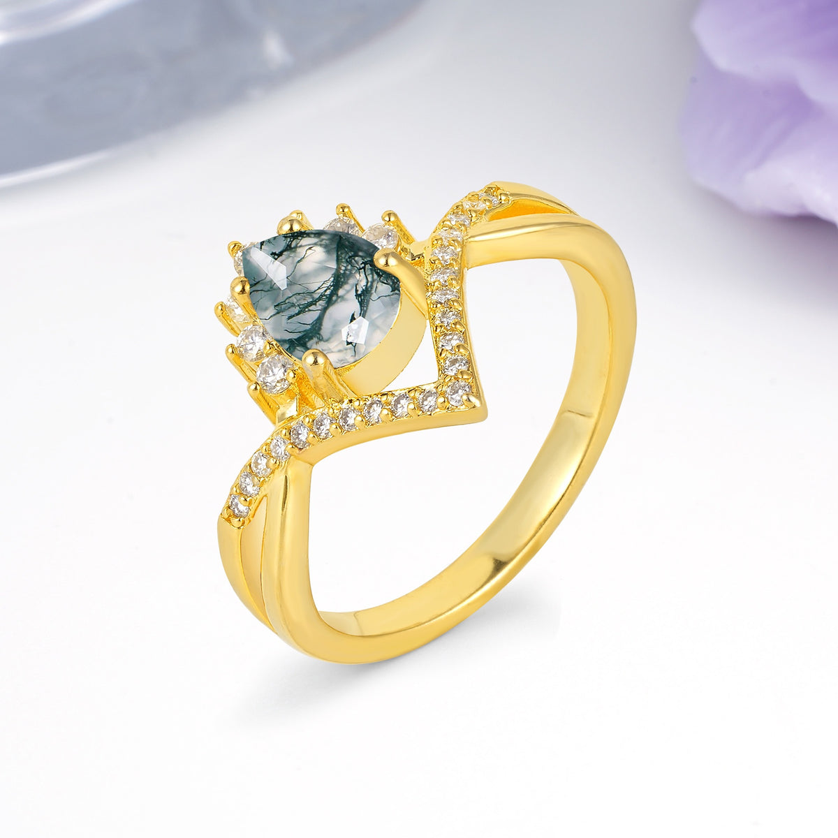 Princess Crown Pear Cut Halo V Shaped Twisted Pave Shank Moss Agate Engagement Ring - Additional view