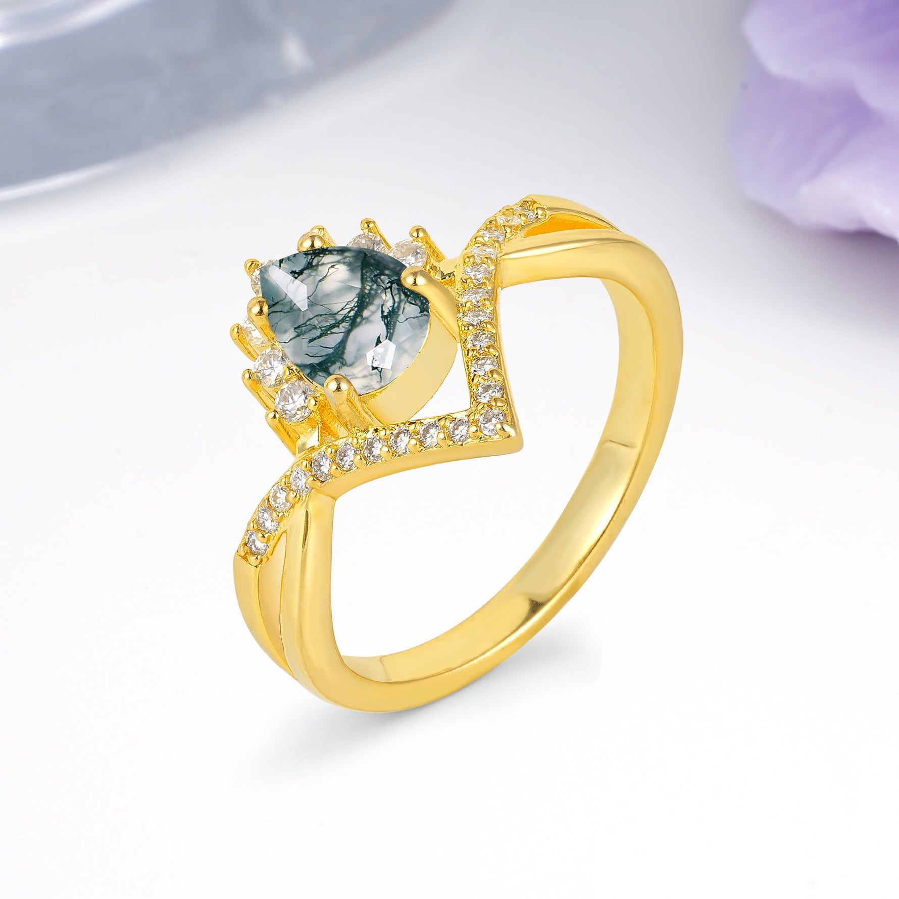 Princess Crown Pear Cut Halo V Shaped Twisted Pave Shank Moss Agate Engagement Ring - Additional view
