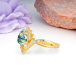 Princess Crown Pear Cut Halo V Shaped Twisted Pave Shank Moss Agate Engagement Ring - Additional view