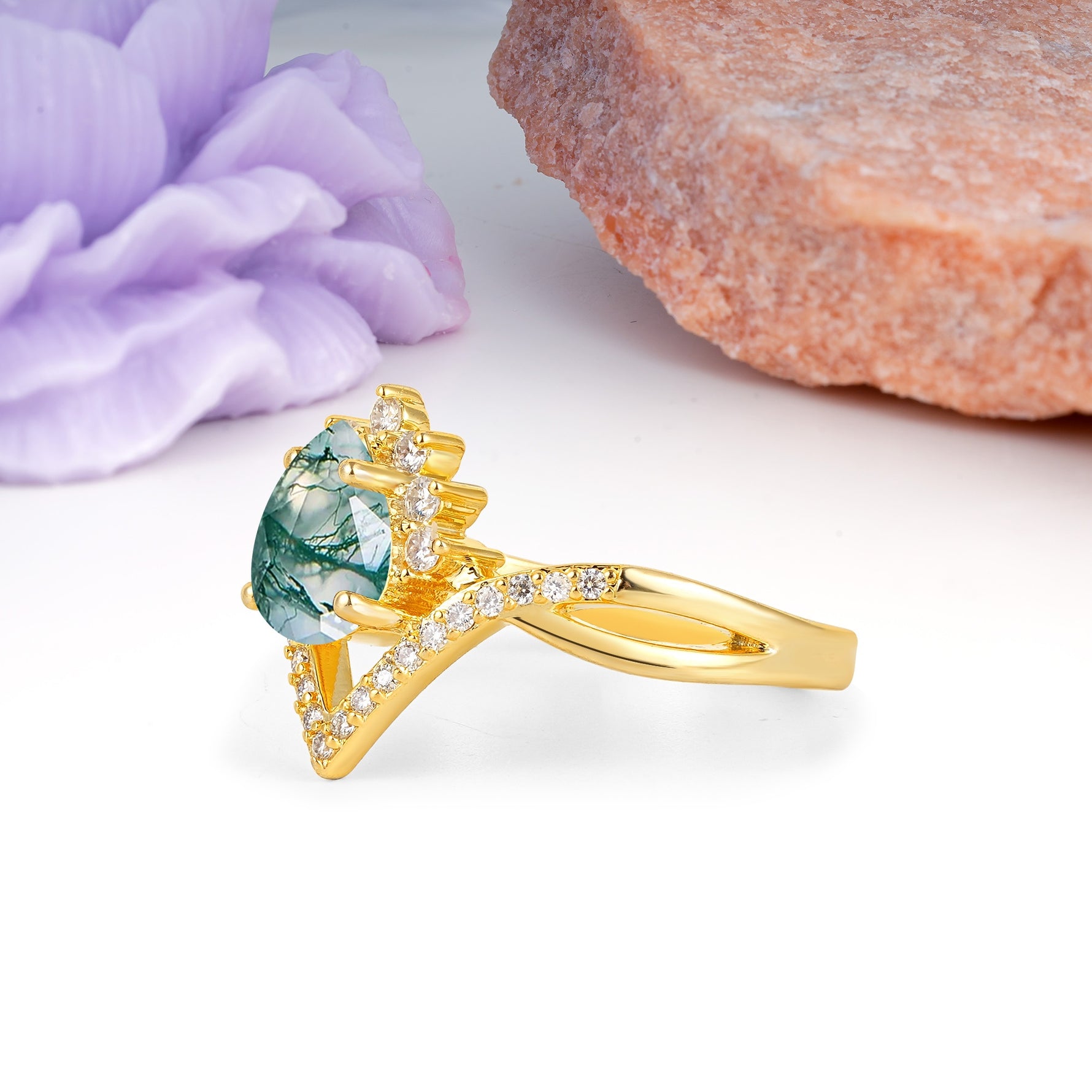 Princess Crown Pear Cut Halo V Shaped Twisted Pave Shank Moss Agate Engagement Ring - Additional view