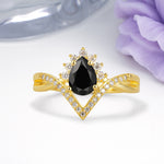 Princess Crown Pear Cut Halo V Shaped Twisted Pave Shank Black Onyx Engagement Ring - Additional view