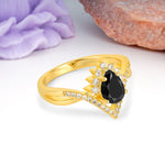 Princess Crown Pear Cut Halo V Shaped Twisted Pave Shank Black Onyx Engagement Ring - Additional view