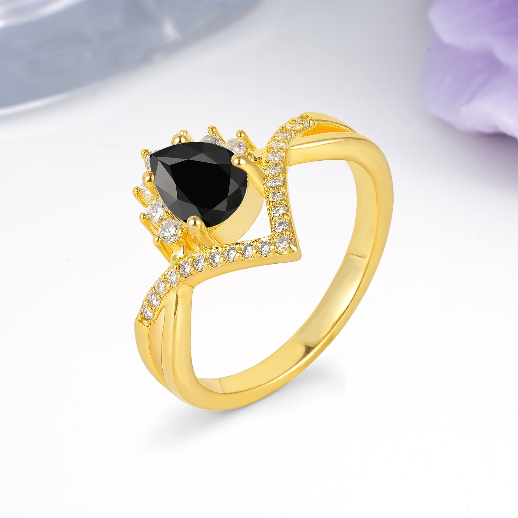 Princess Crown Pear Cut Halo V Shaped Twisted Pave Shank Black Onyx Engagement Ring - Additional view