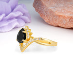 Princess Crown Pear Cut Halo V Shaped Twisted Pave Shank Black Onyx Engagement Ring - Additional view