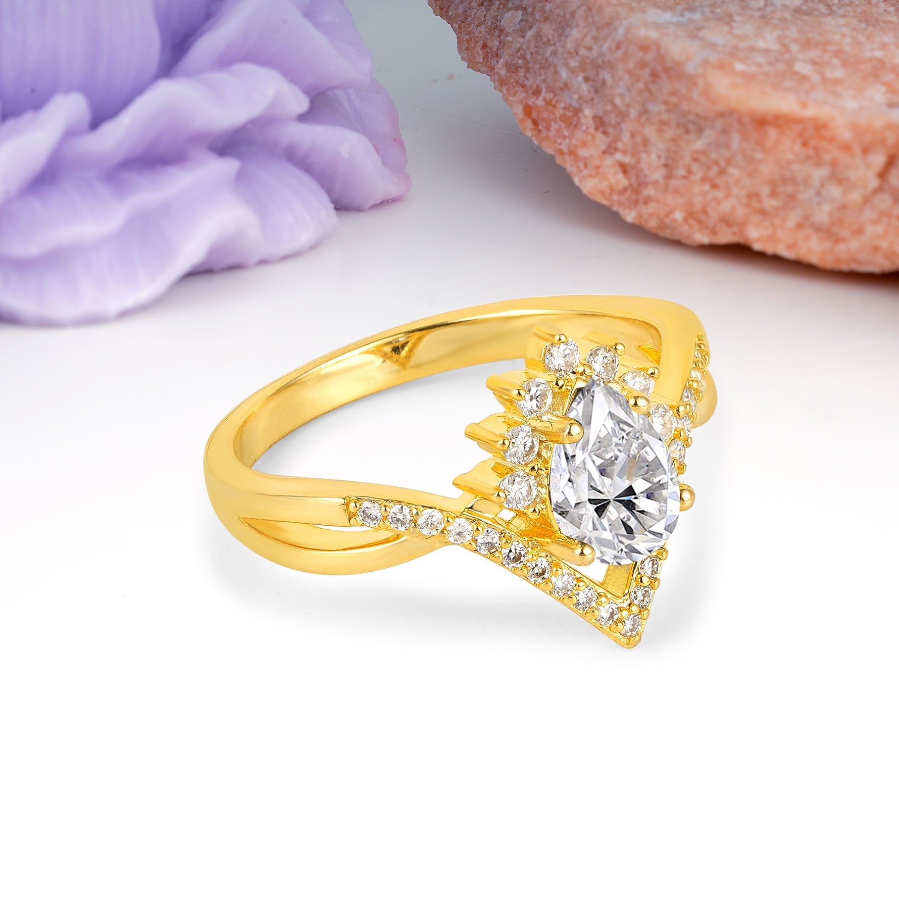 Princess Crown Pear Cut Halo V Shaped Twisted Pave Shank Lab Diamond Engagement Ring - Additional view